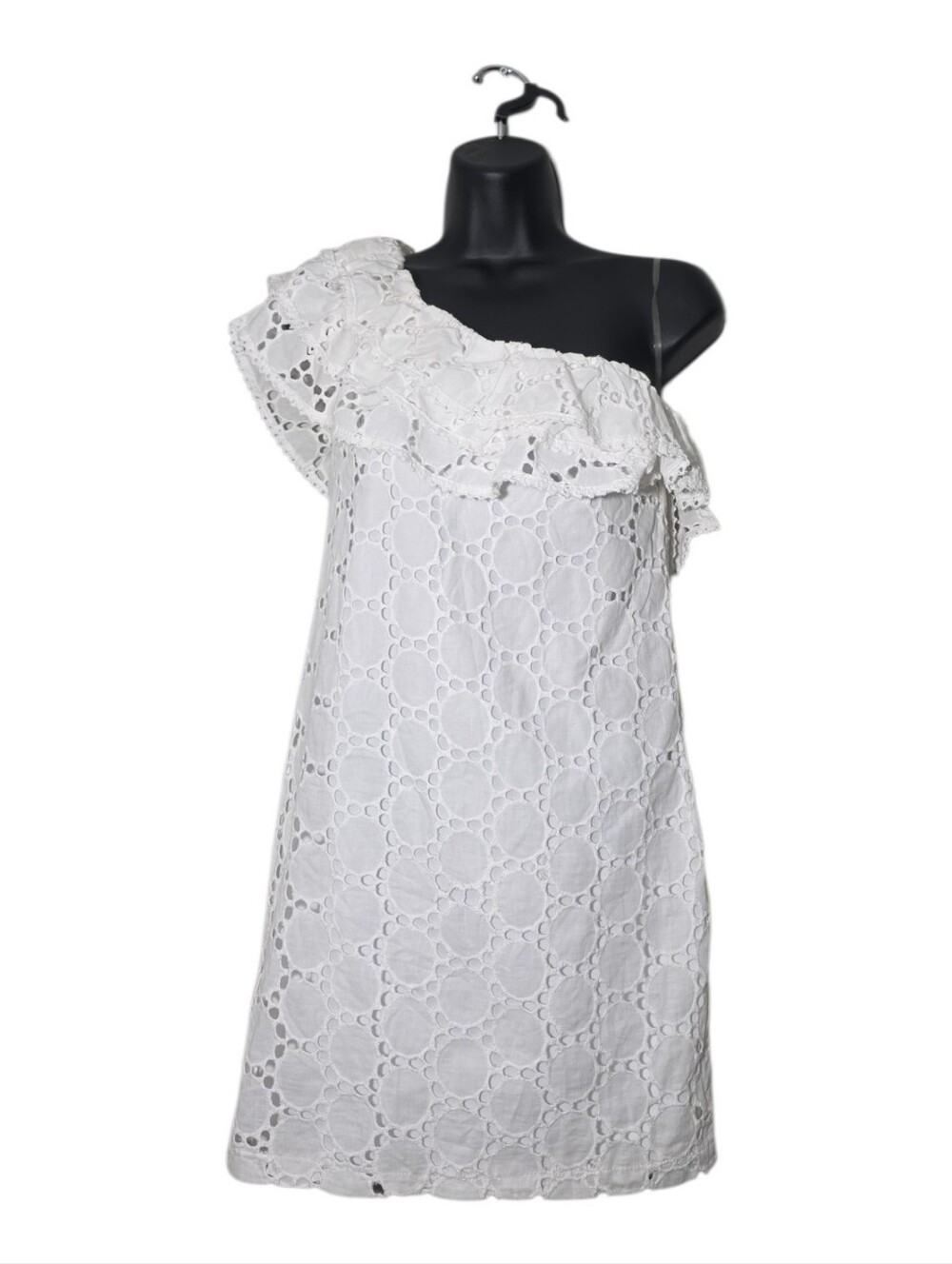 Deja Vu White Cotton Eyelet One Shoulder Dress Ruffle Mini Shift Size Small NWT